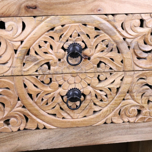 Vansura Carved Bedside Table 2 Drawer - Closeup of Drawers