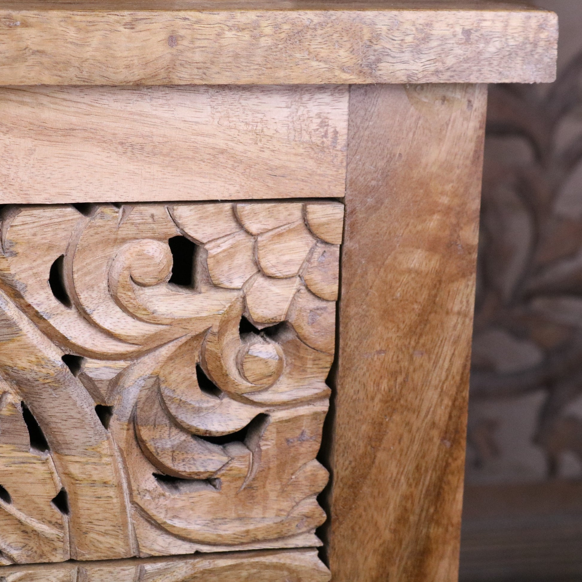 Vansura Carved Bedside Table 2 Drawer - Closeup of Wood Grain