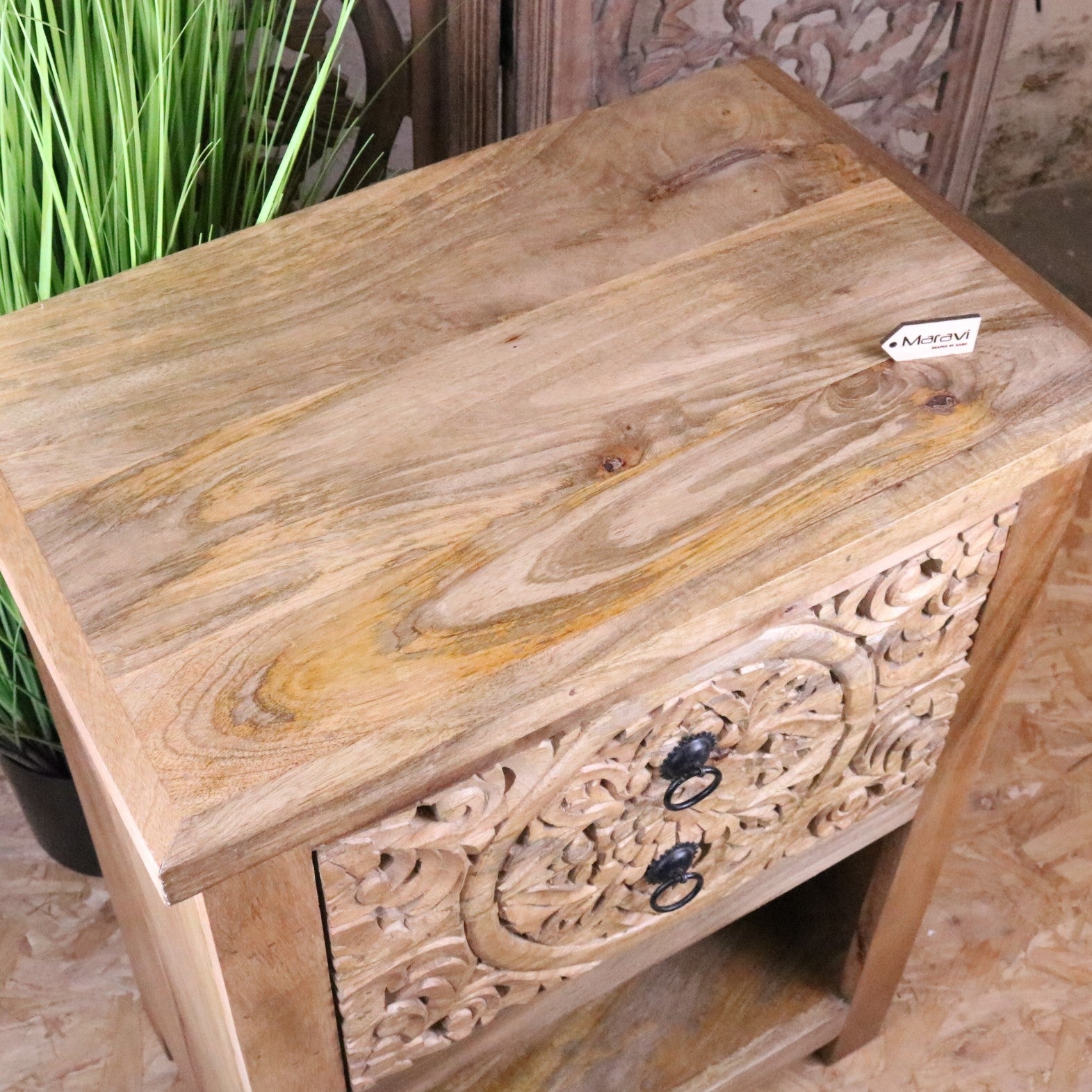Vansura Carved Bedside Table 2 Drawer - Top View