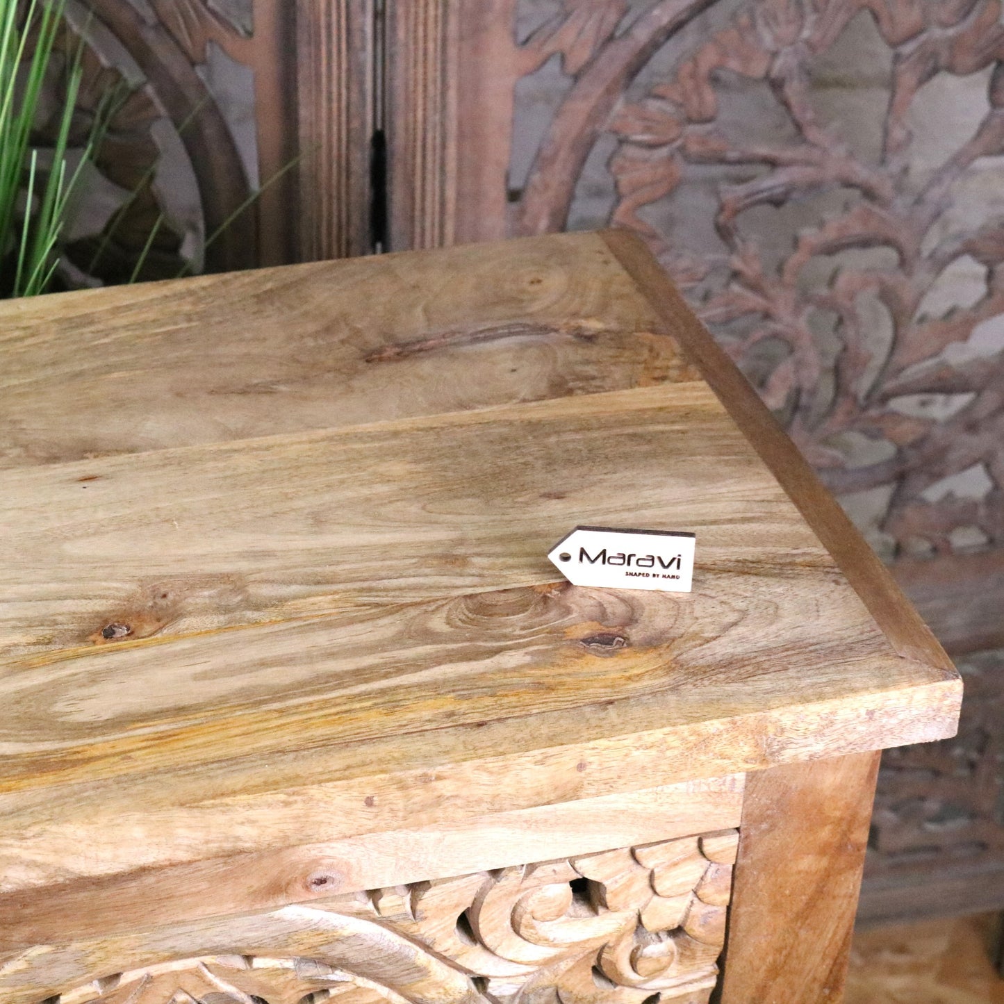 Vansura Carved Bedside Table 2 Drawer - Closeup of Corner