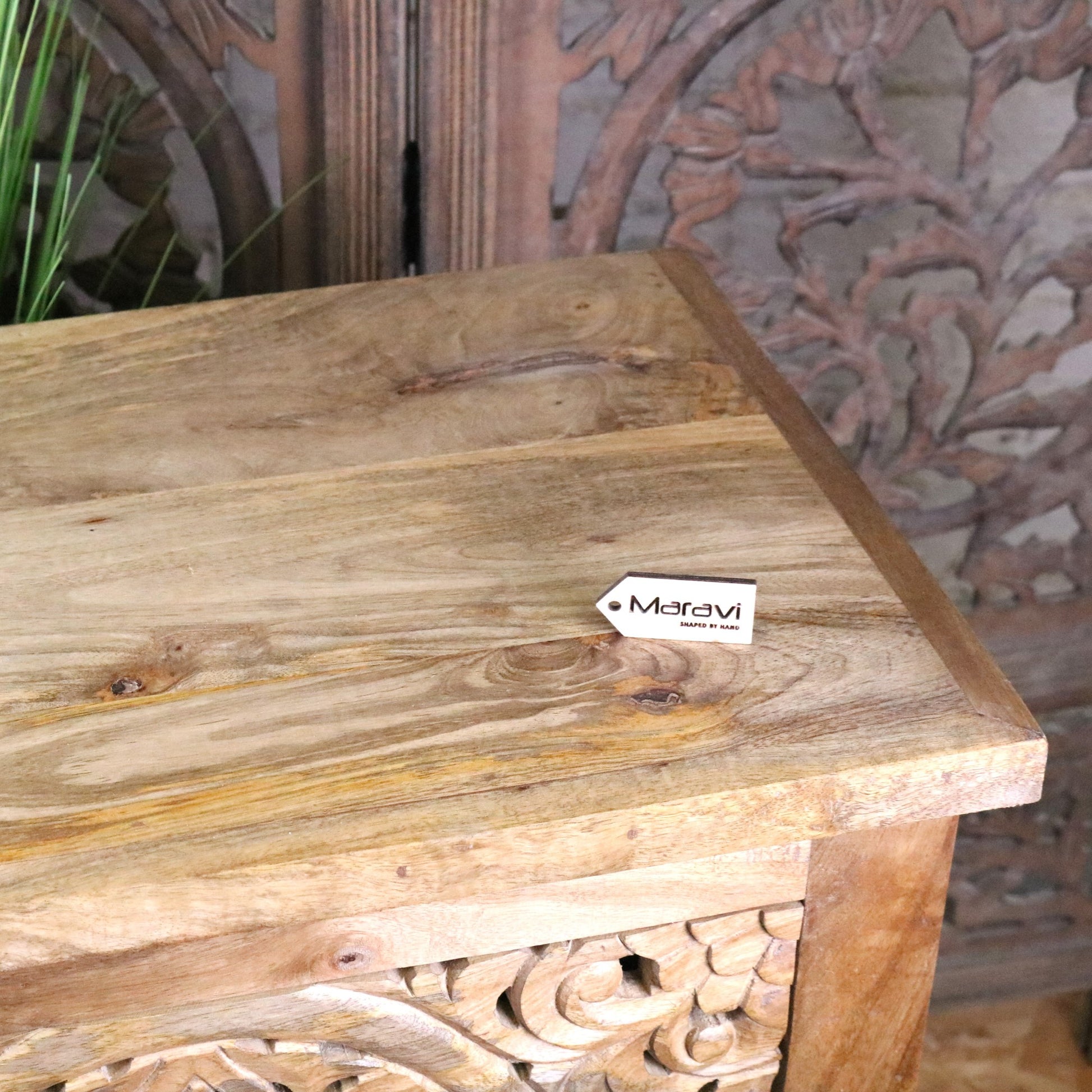 Vansura Carved Bedside Table 2 Drawer - Closeup of Corner