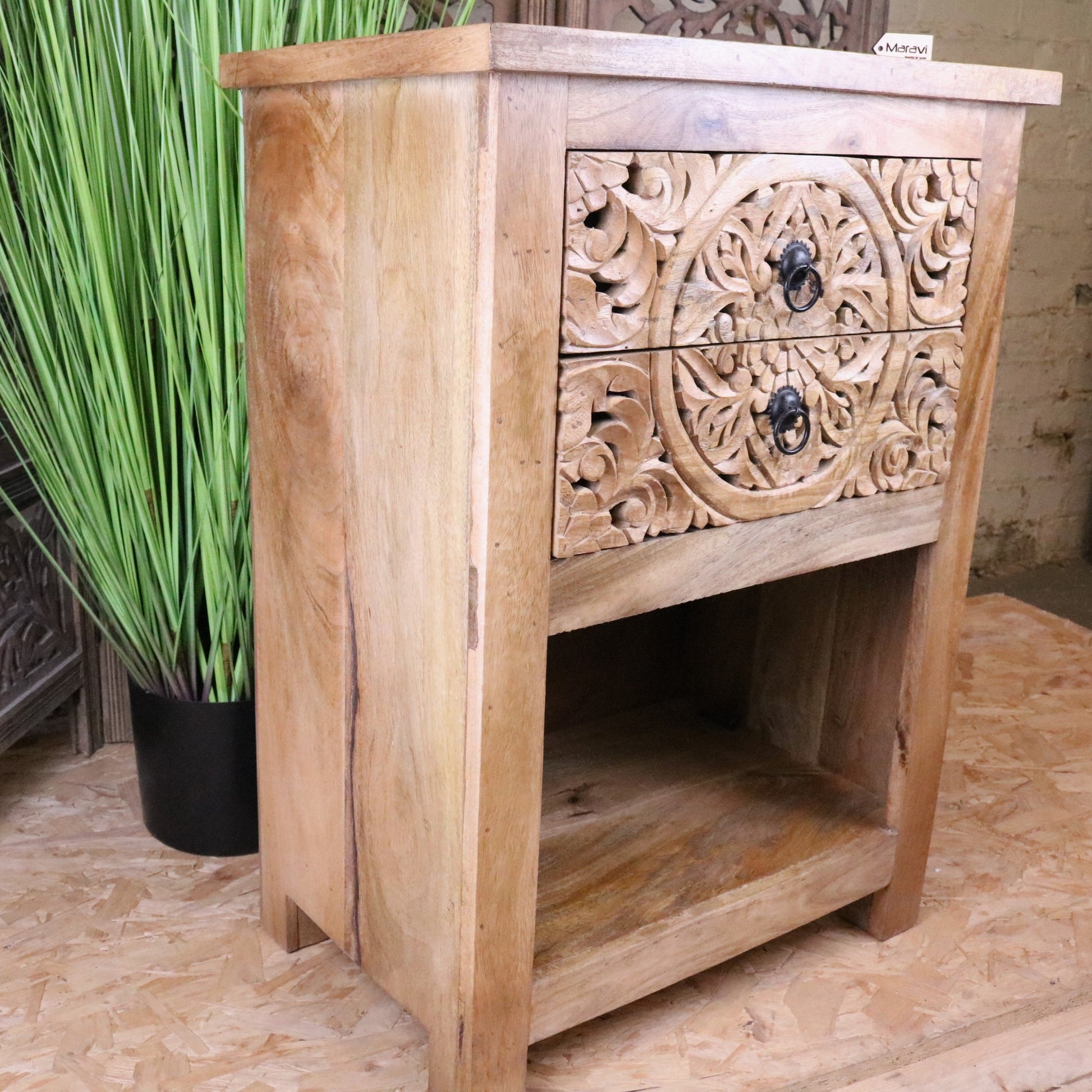 Vansura Carved Bedside Table 2 Drawer - Side View