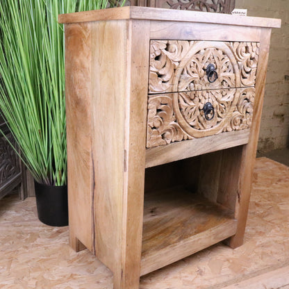 Vansura Carved Bedside Table 2 Drawer - Side View