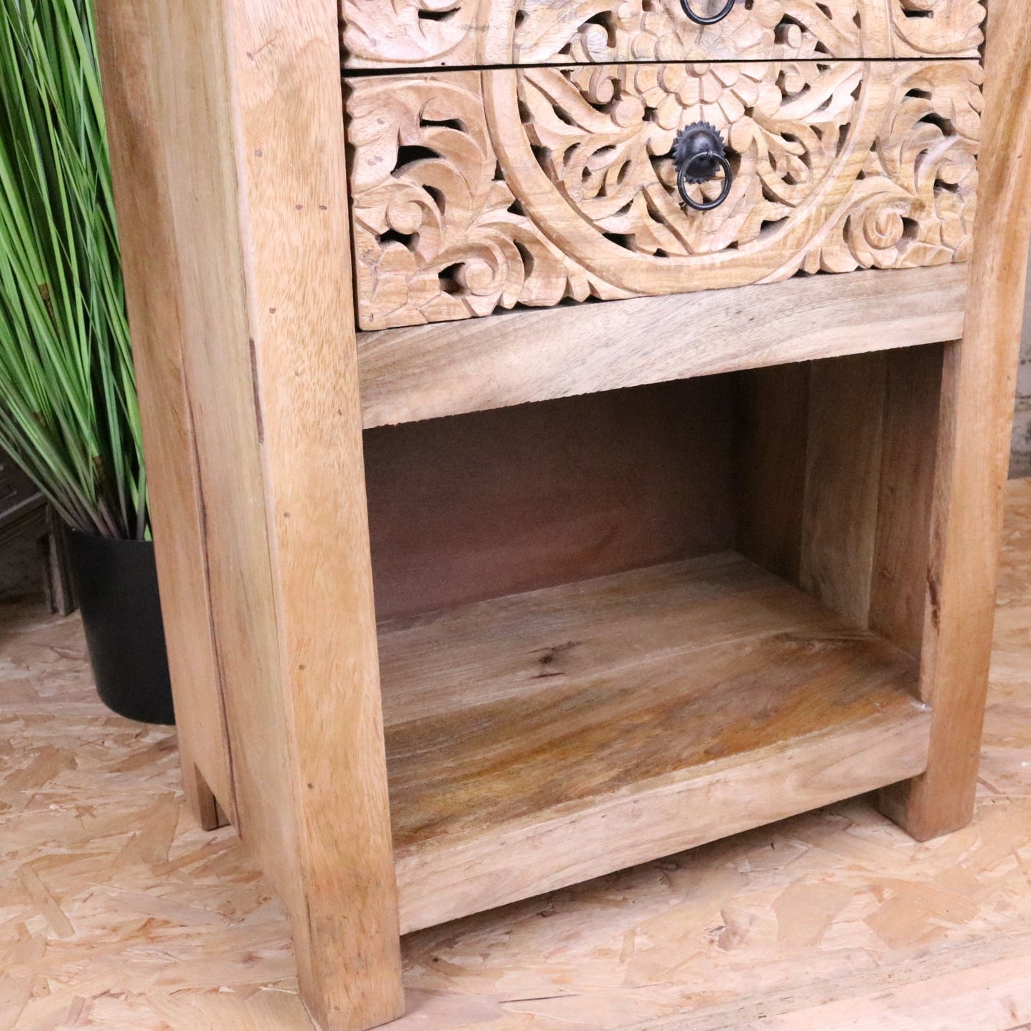 Vansura Carved Bedside Table 2 Drawer - Showing Inside of Compartment