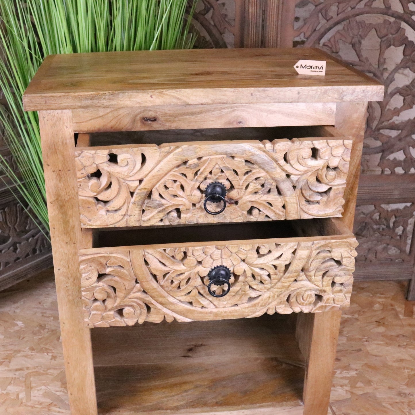 Vansura Carved Bedside Table 2 Drawer - Showing Drawers Open