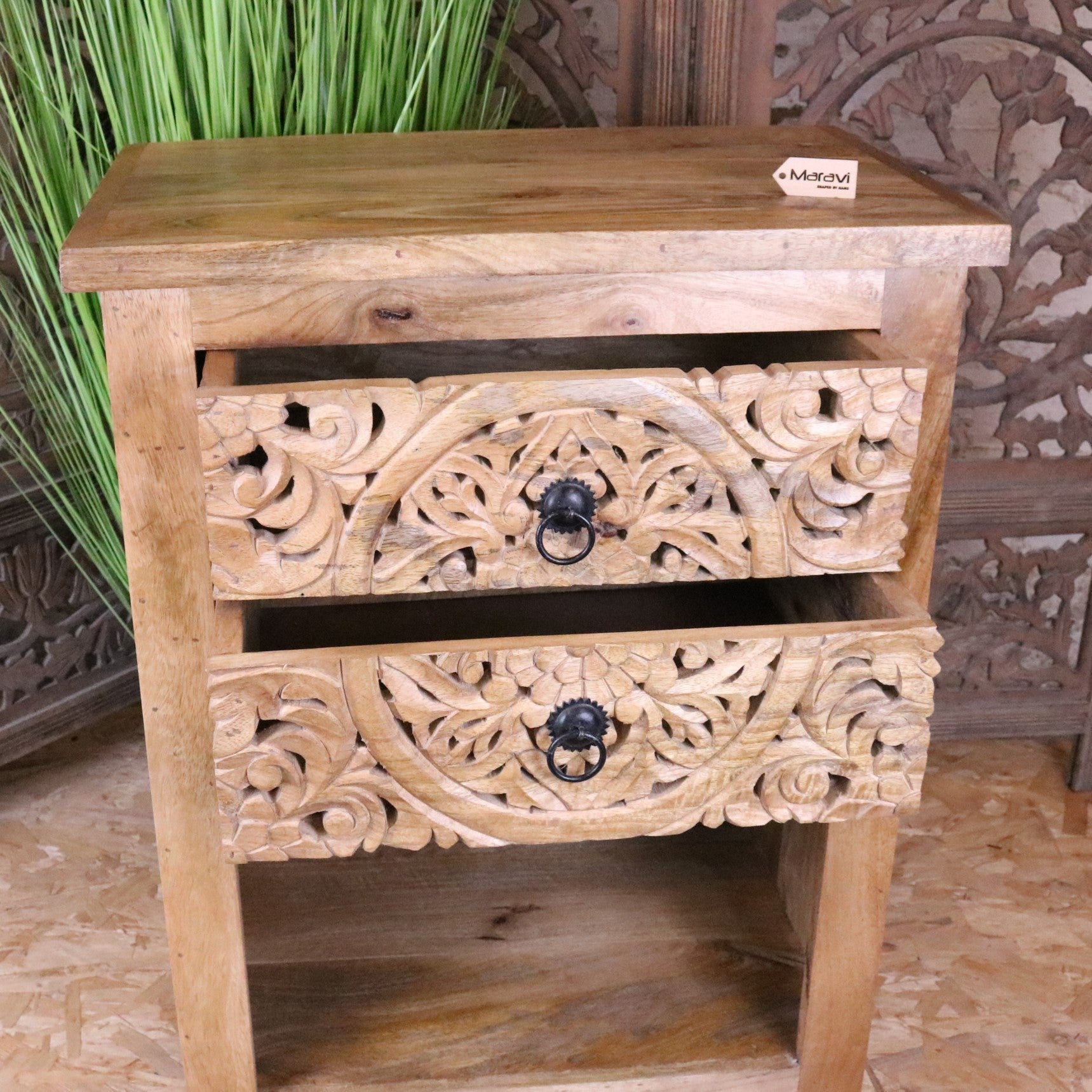 Vansura Carved Bedside Table 2 Drawer - Showing Drawers Open