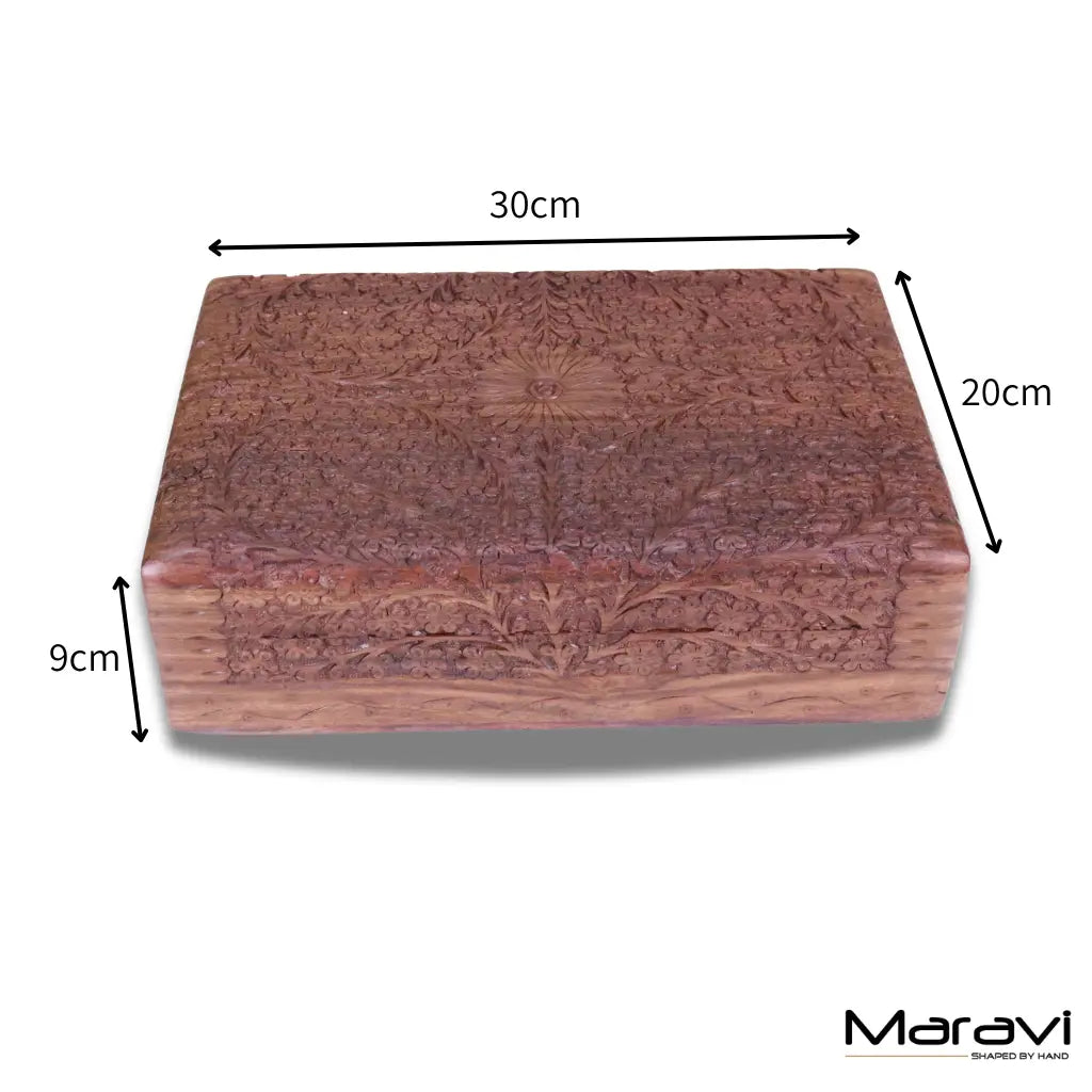 Vansuri Large Hand Carved Wooden Box Velvet Lined - Dimensions