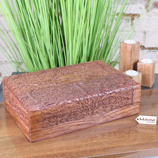 Vansuri Large Hand Carved Wooden Box Velvet Lined - Main Image