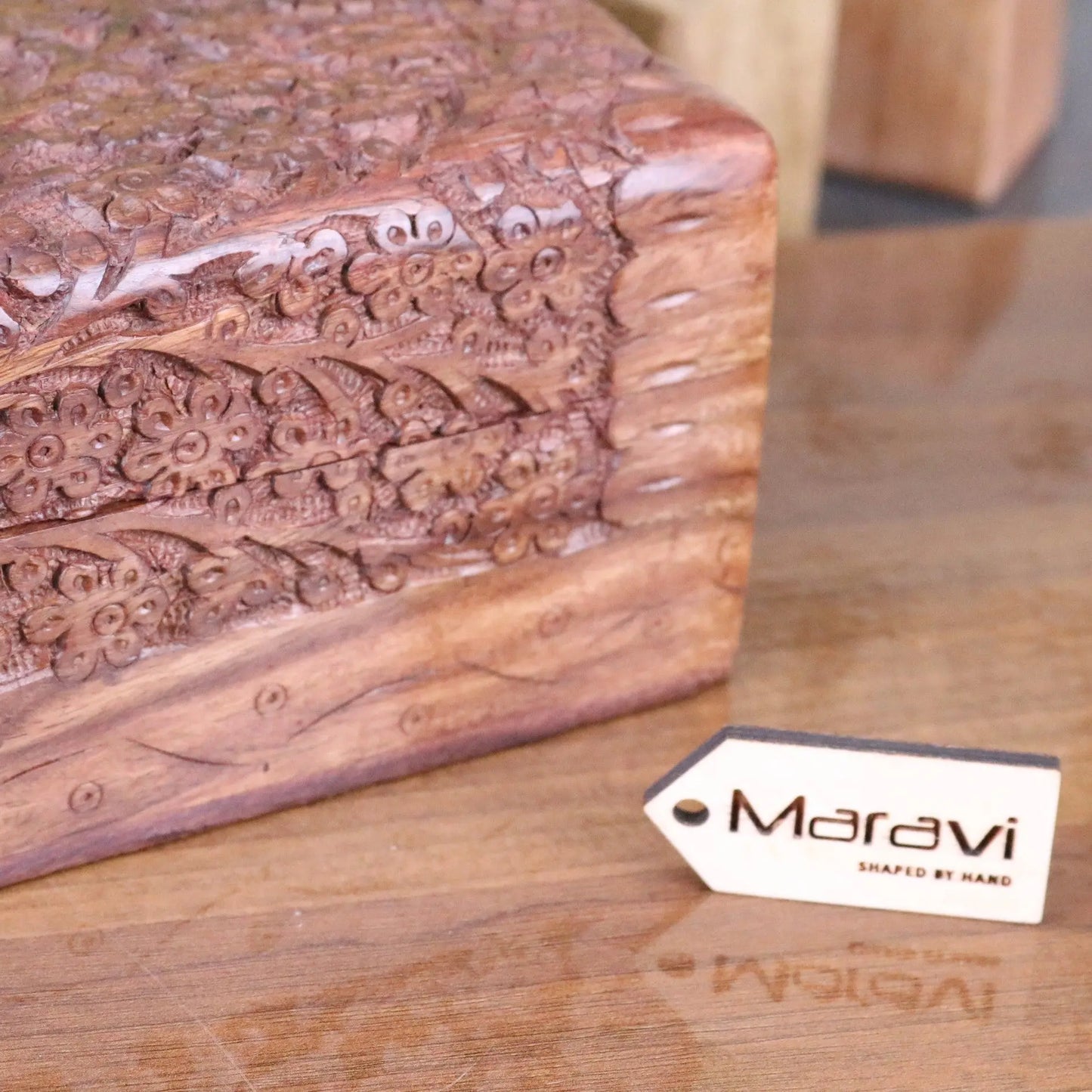 Vansuri Large Hand Carved Wooden Box Velvet Lined - Closeup of Carving on Corner