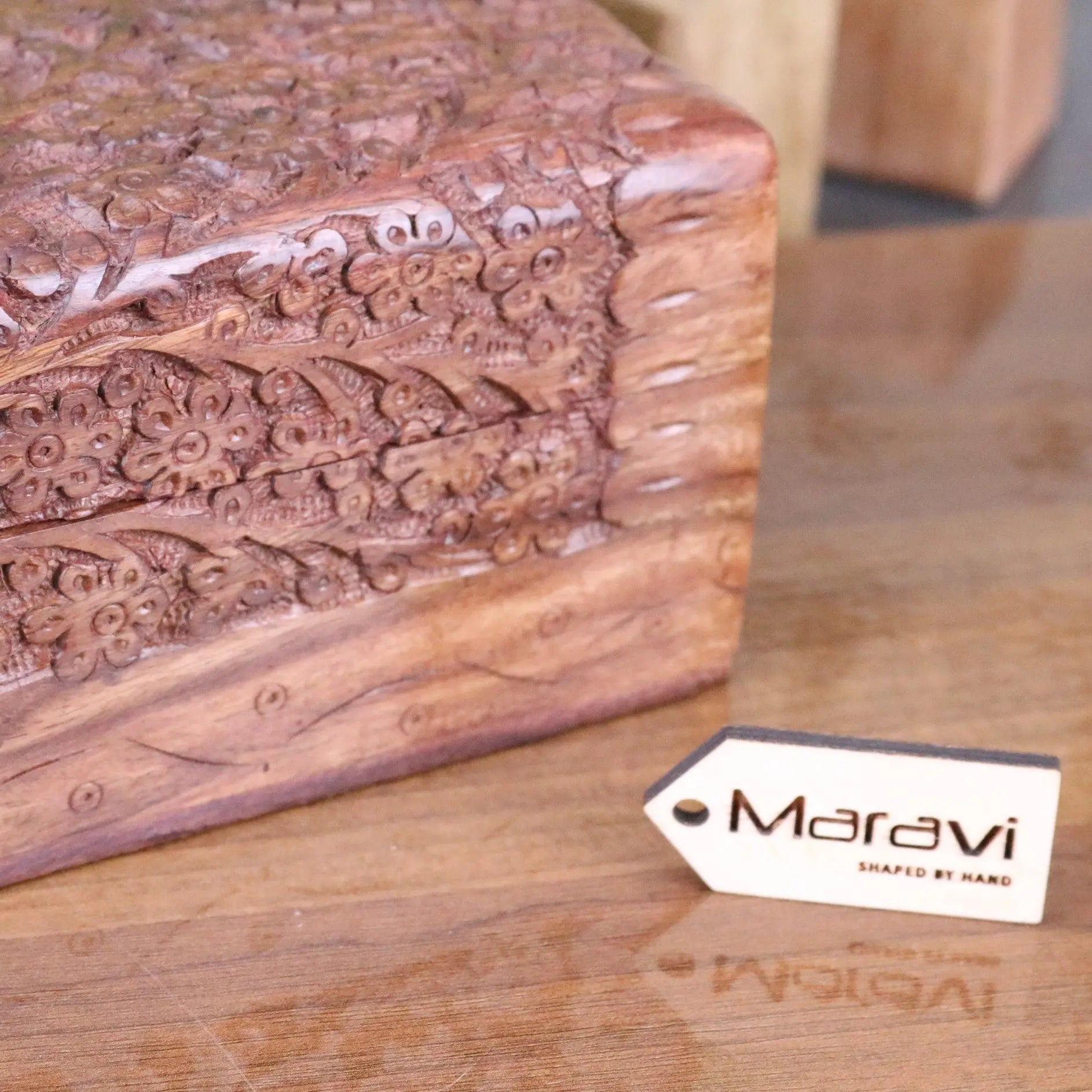 Vansuri Large Hand Carved Wooden Box Velvet Lined - Closeup of Carving on Corner