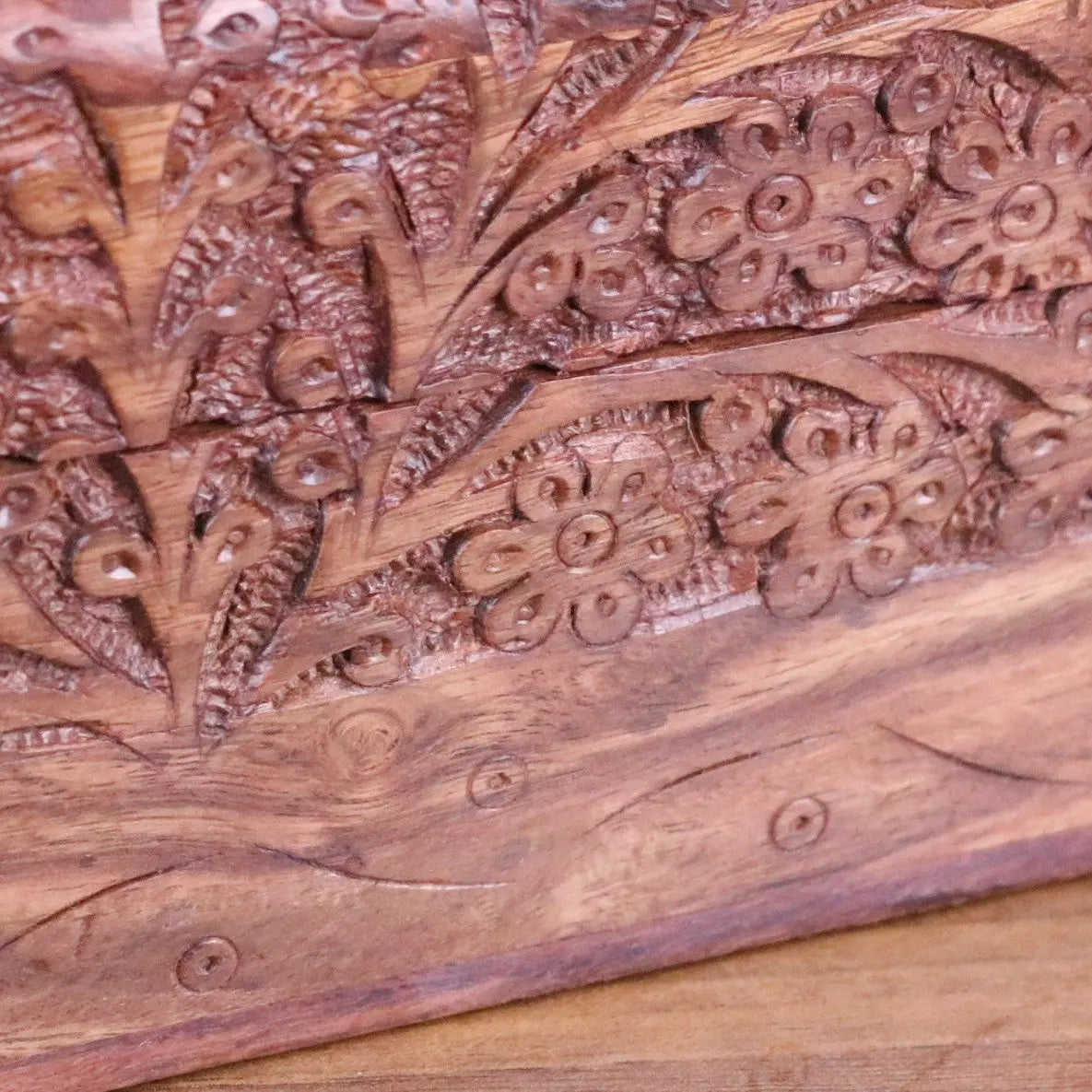 Vansuri Large Hand Carved Wooden Box Velvet Lined - Extra Close Closeup of Carving