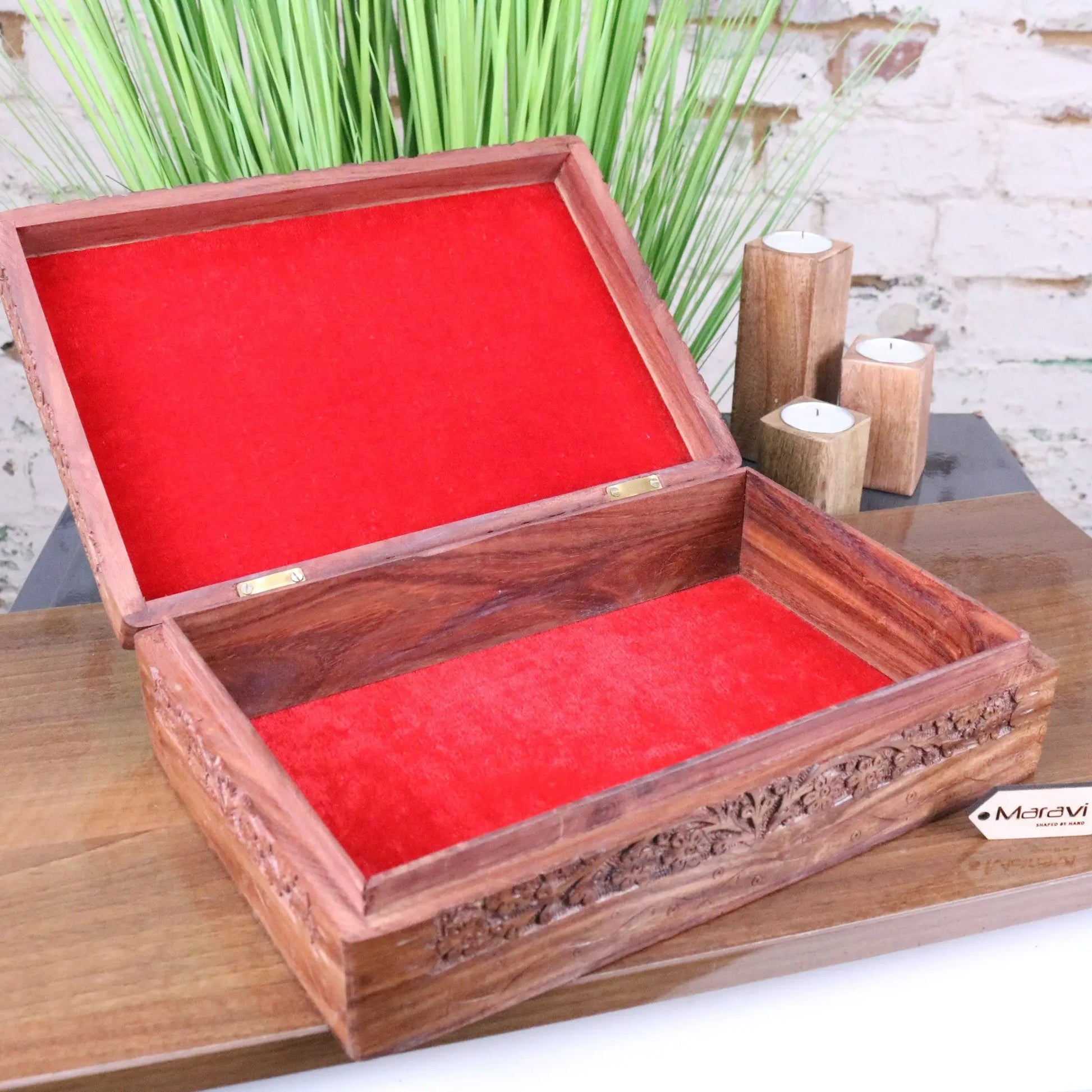 Vansuri Large Hand Carved Wooden Box Velvet Lined - Showing Velvet Interior