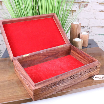 Vansuri Large Hand Carved Wooden Box Velvet Lined - Showing Velvet Interior