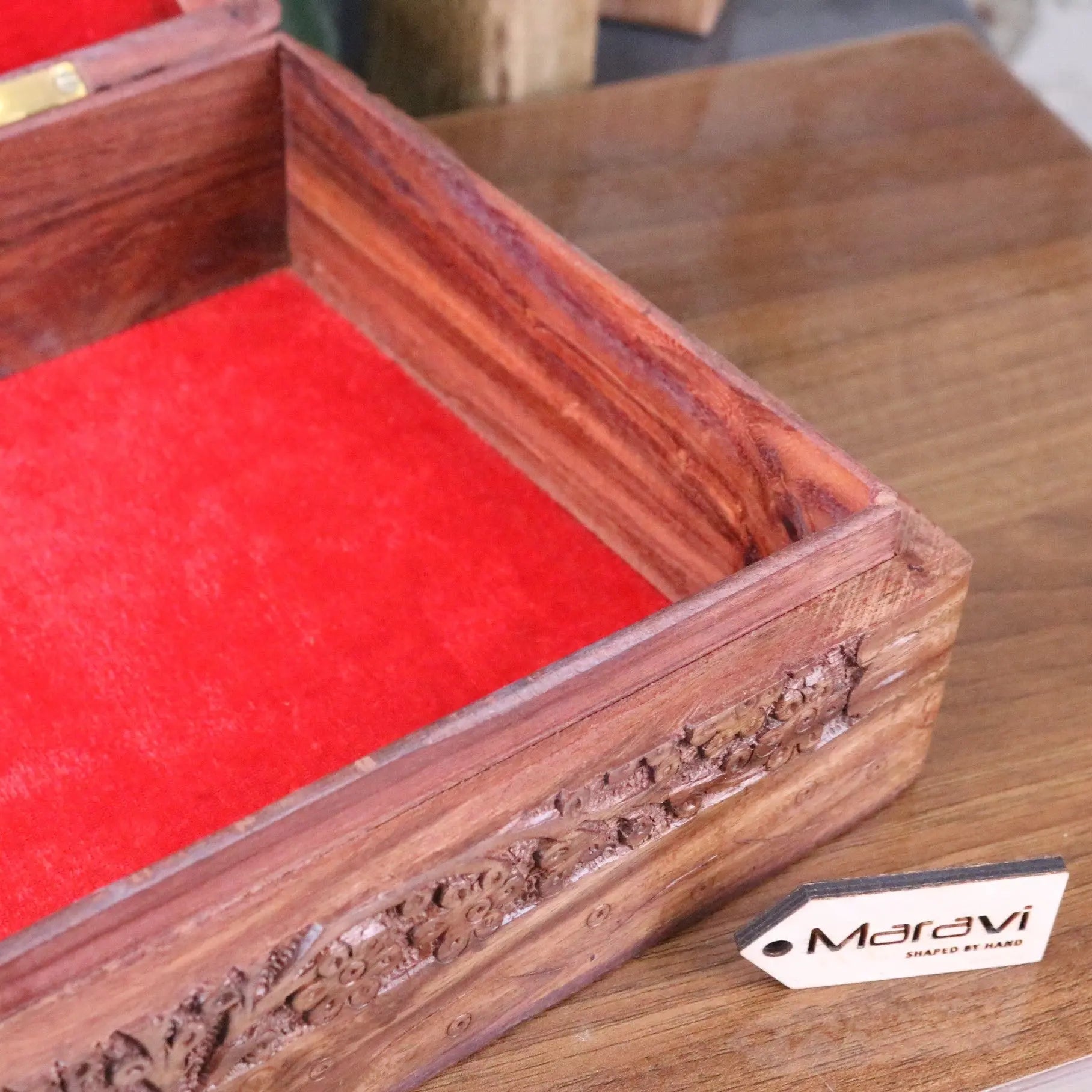 Vansuri Large Hand Carved Wooden Box Velvet Lined - Showing Corner with Box Open