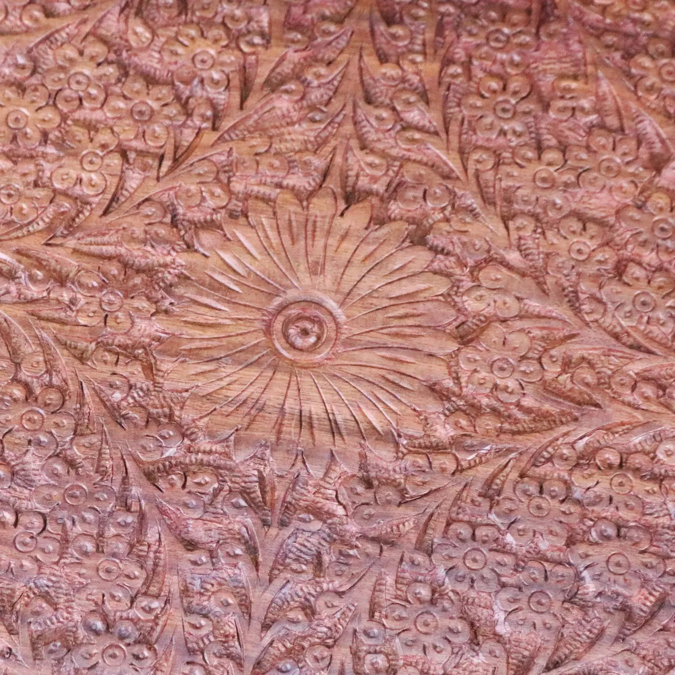 Vansuri Large Hand Carved Wooden Box Velvet Lined - Closeup of Central Flower on Lid