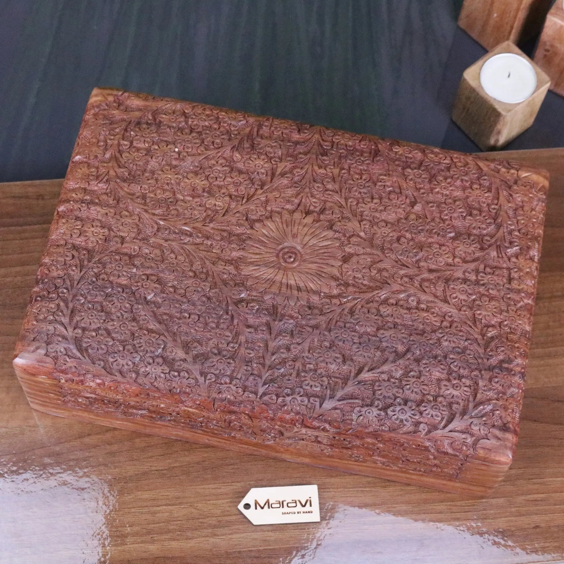 Vansuri Large Hand Carved Wooden Box Velvet Lined - Top View