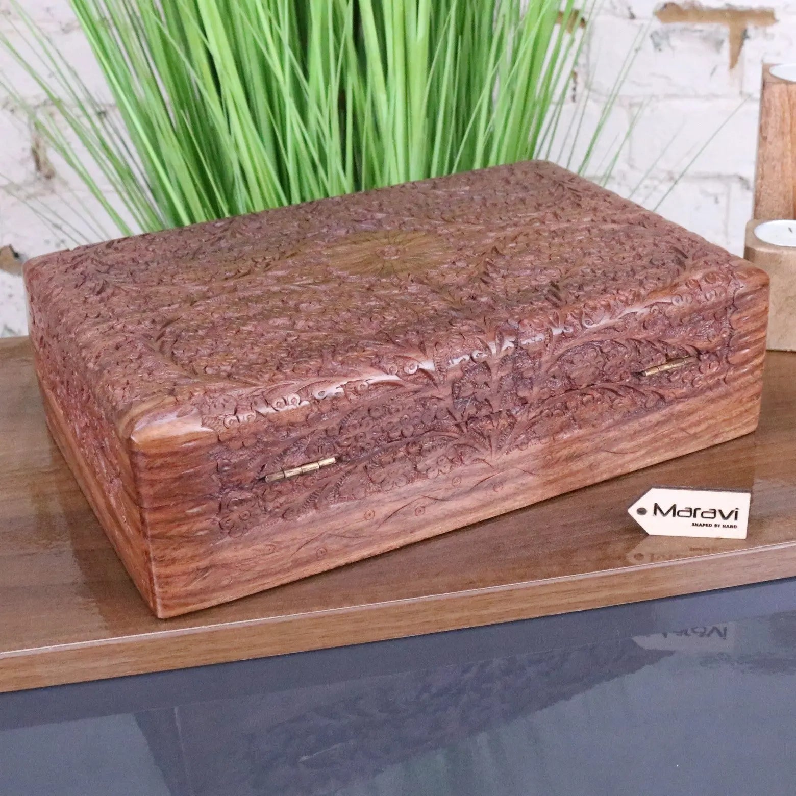 Vansuri Large Hand Carved Wooden Box Velvet Lined Maravi