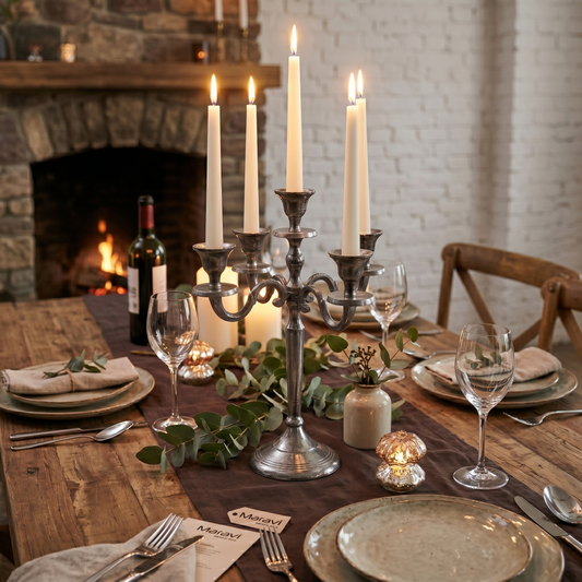 Veeha Candelabra Centerpiece 5 Candle Holder 30cm Gunmetal Silver - Lifestyle Image