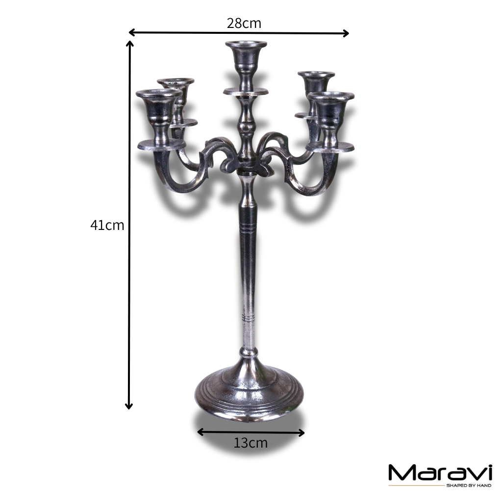 Veeha Candelabra Centerpiece 5 Candle Holder 40cm Distressed Silver - Dimensions