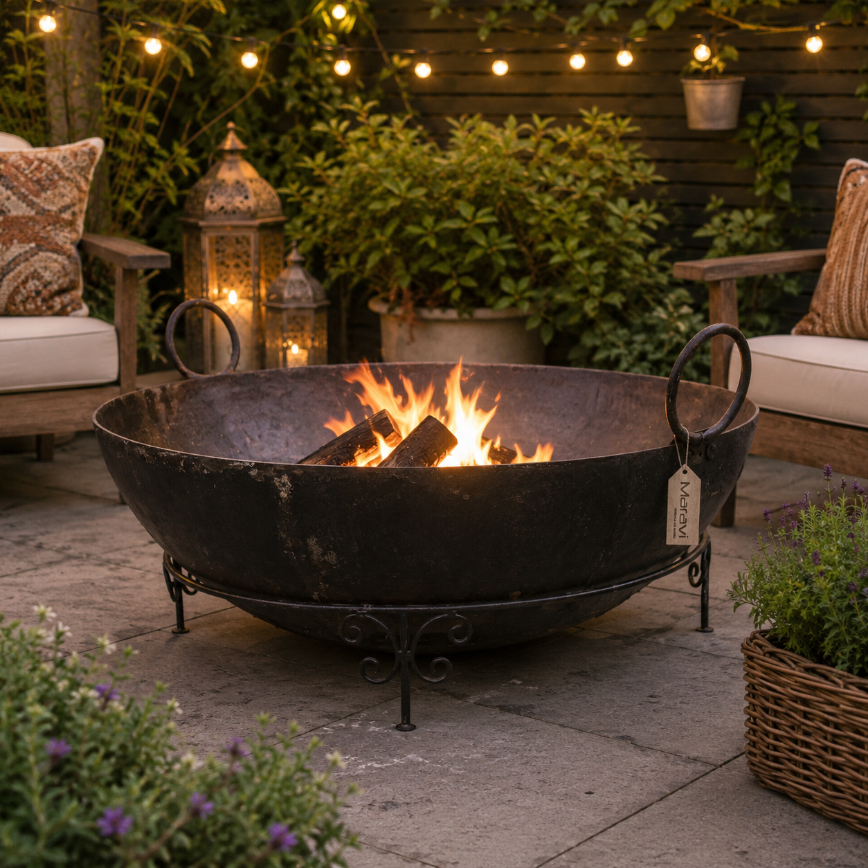 Vintage Giant Kadai Fire Bowl with Stand Garden Fire Pit - Lifestyle Image