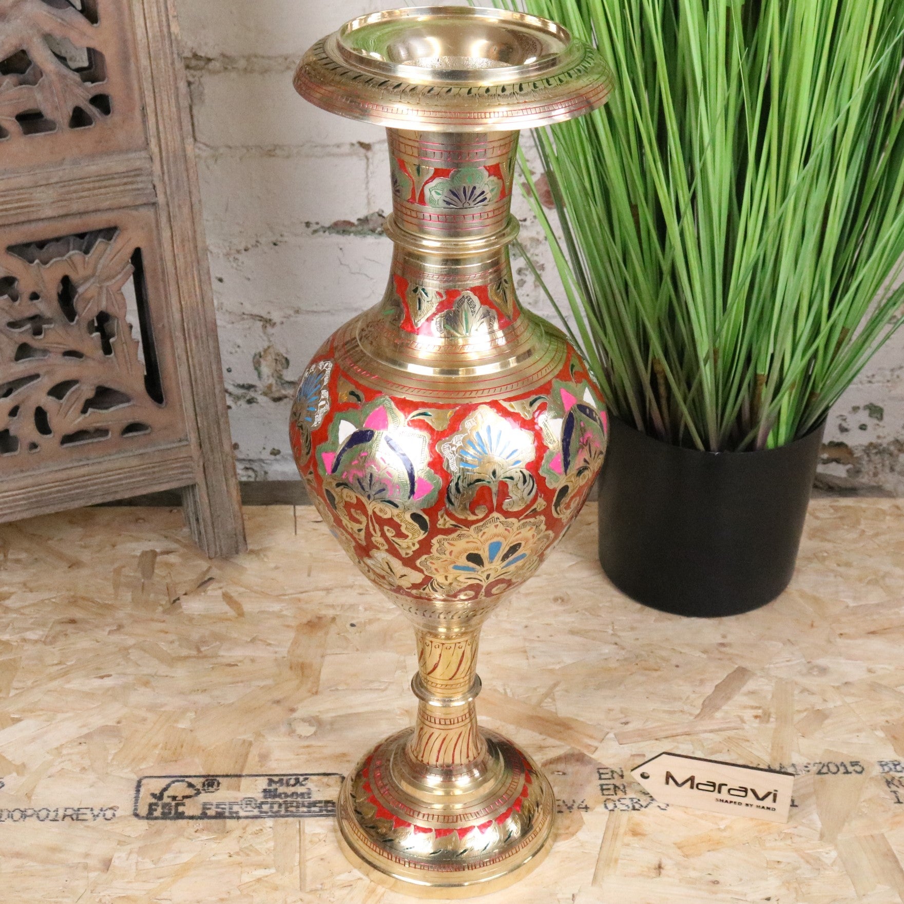 Vintage 60cm Large Brass Vase Hand Painted and Etched - Red - Main Image