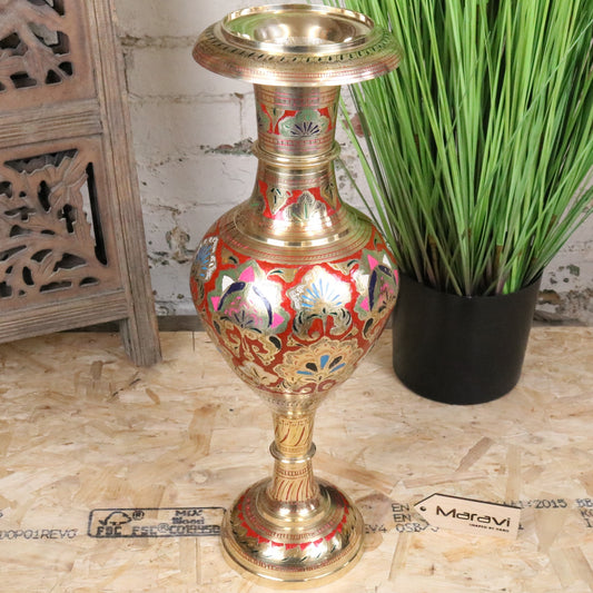 Vintage 60cm Large Brass Vase Hand Painted and Etched - Red - Main Image