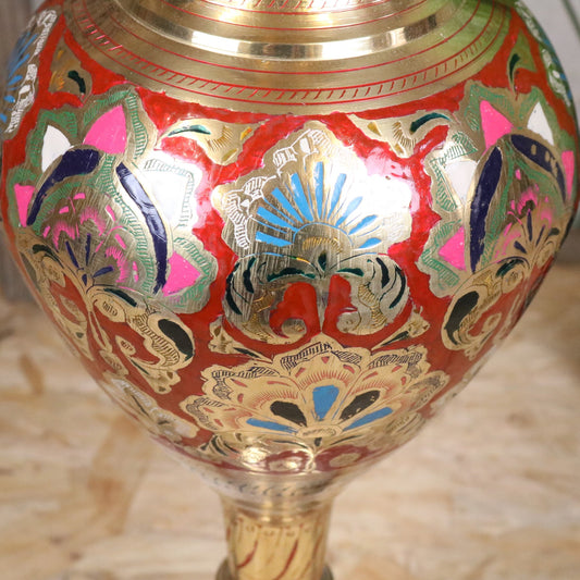 Vintage 60cm Large Brass Vase Hand Painted and Etched - Red - Closeup of Paintwork