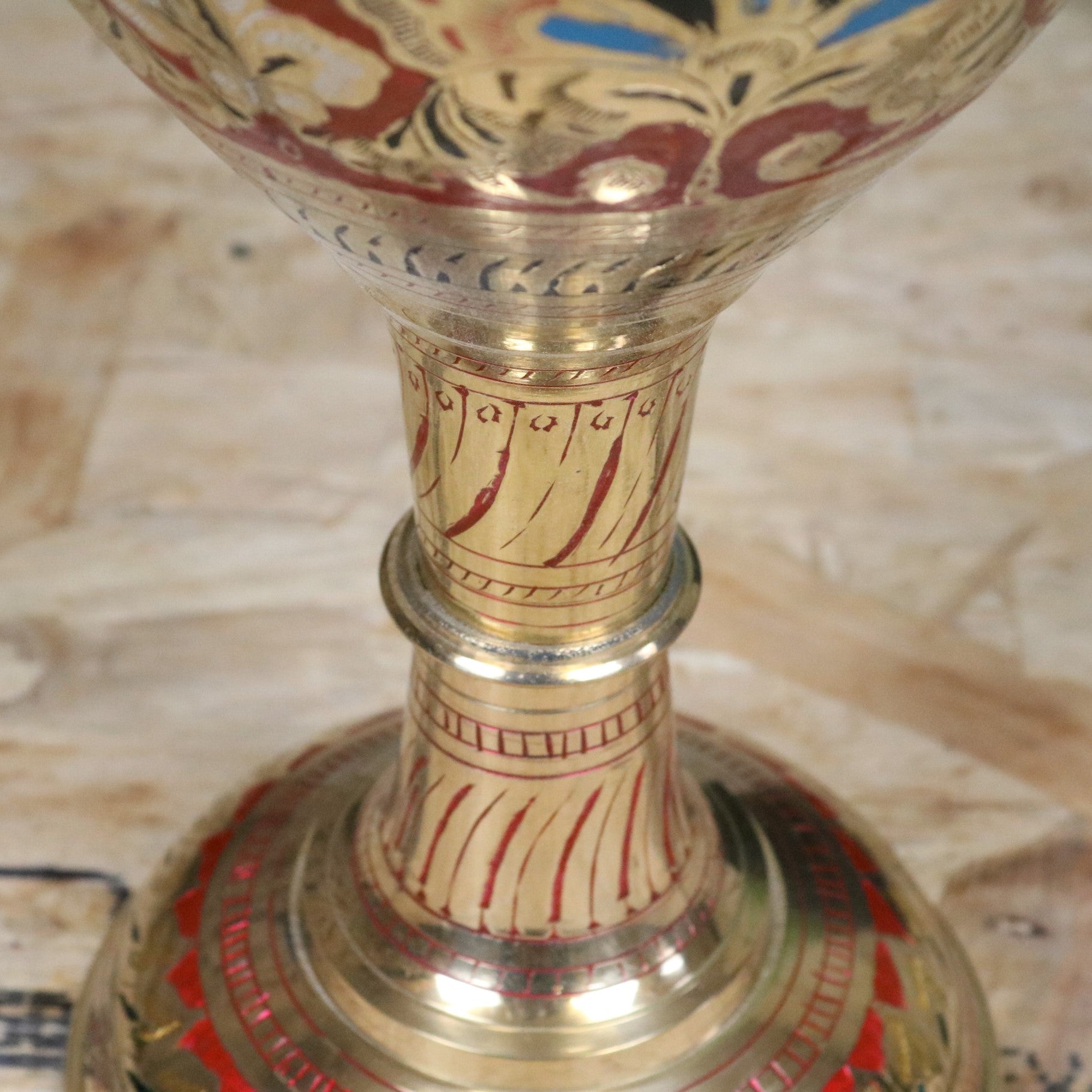 Vintage 60cm Large Brass Vase Hand Painted and Etched - Red - Closeup of Etching on Neck