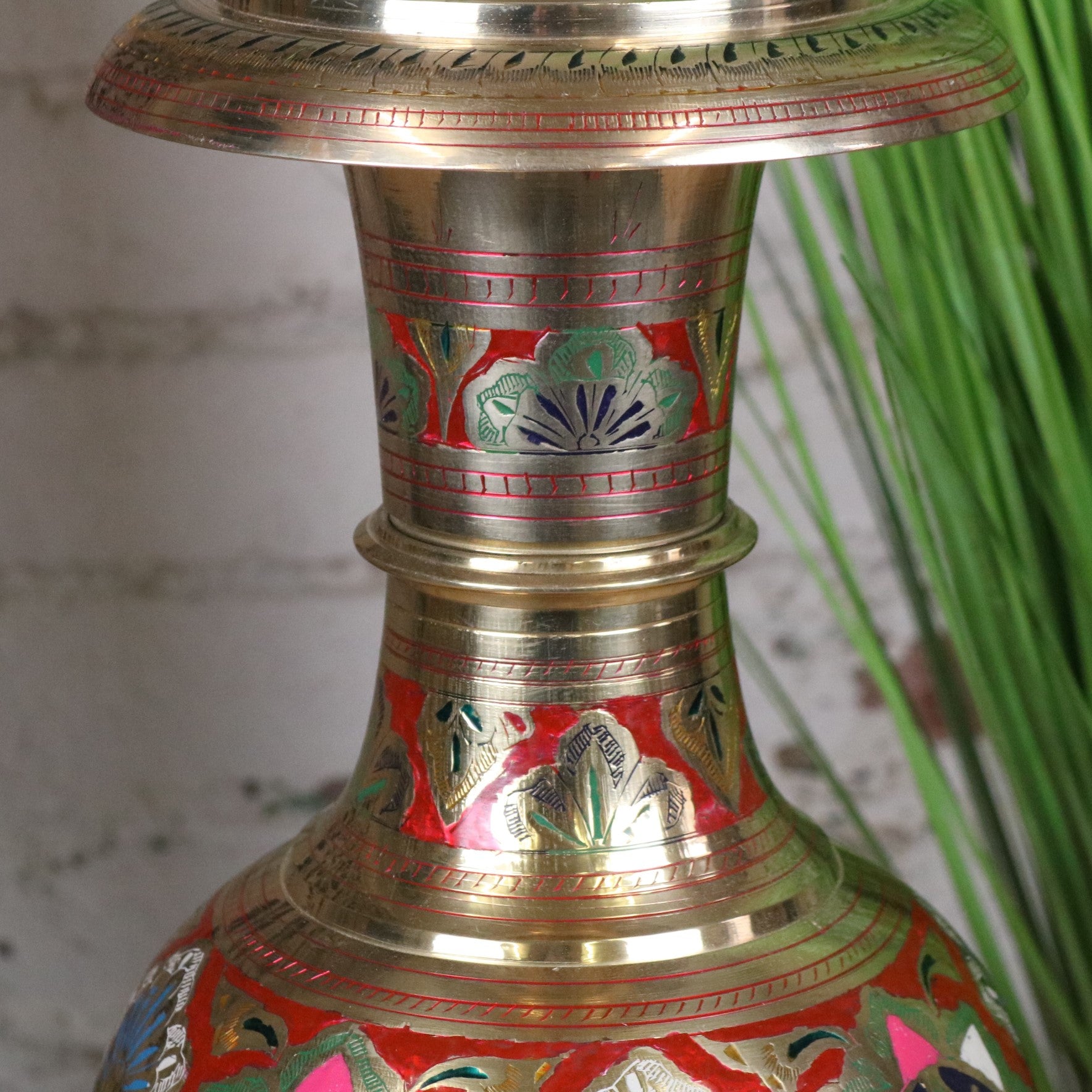 Vintage 60cm Large Brass Vase Hand Painted and Etched - Red - Closeup of Neck and Rim