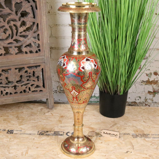 Vintage 77cm Large Brass Vase Hand Painted and Etched - Main Image