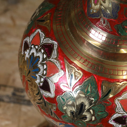 Vintage 77cm Large Brass Vase Hand Painted and Etched - Red - Closeup of Paintwork 4