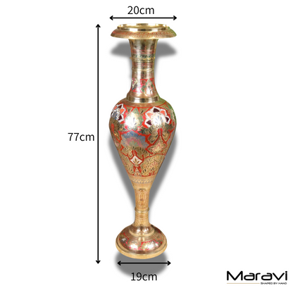 Vintage 77cm Large Brass Vase Hand Painted and Etched - Red - Dimensions
