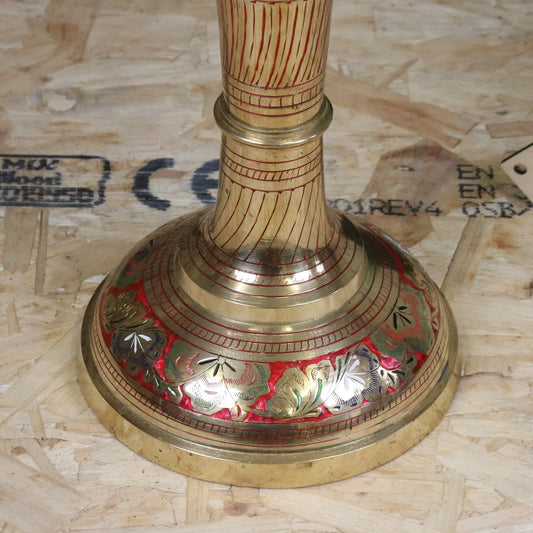 Vintage 77cm Large Brass Vase Hand Painted and Etched - Red - Closeup of Base