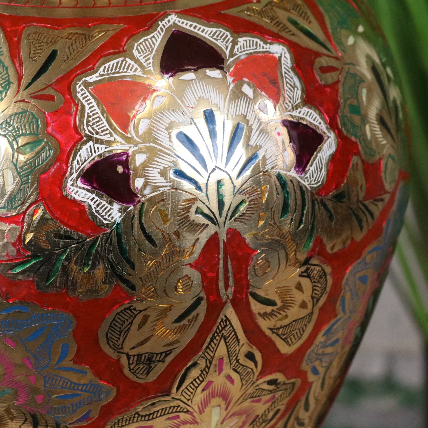 Vintage 77cm Large Brass Vase Hand Painted and Etched - Red - Closeup of Paintwork