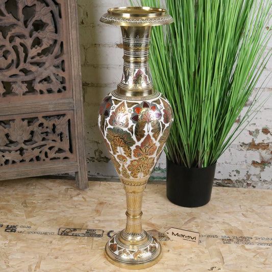 Vintage 77cm Large Brass Vase Hand Painted and Etched - Main Image