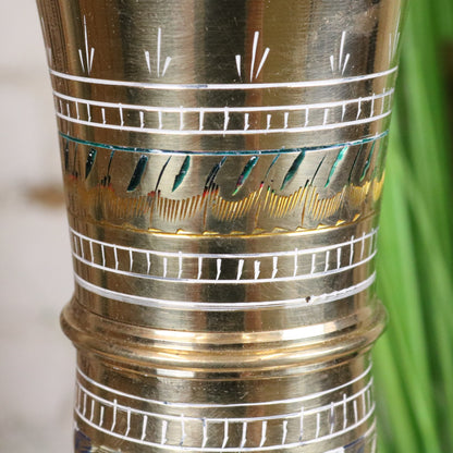 Vintage 77cm Large Brass Vase Hand Painted and Etched - Closeup of Etching on Neck