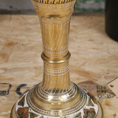 Vintage 77cm Large Brass Vase Hand Painted and Etched - Closeup of Etched Detailing