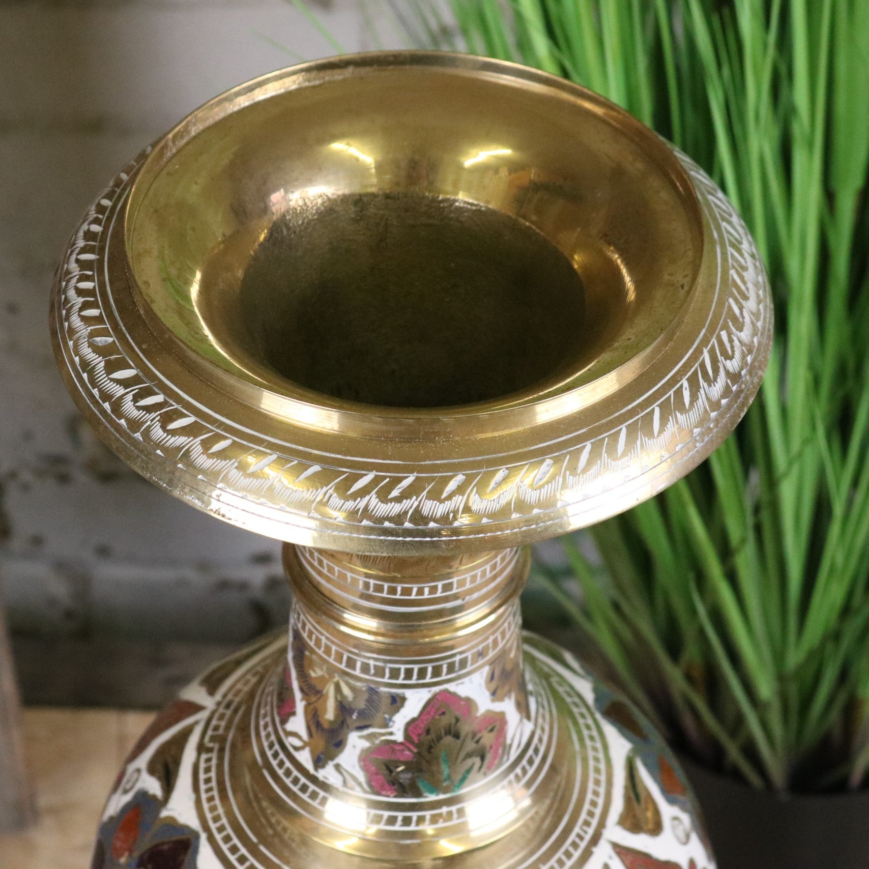 Vintage 77cm Large Brass Vase Hand Painted and Etched - Closeup of Top Rim