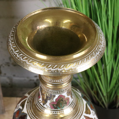 Vintage 77cm Large Brass Vase Hand Painted and Etched - Closeup of Top Rim
