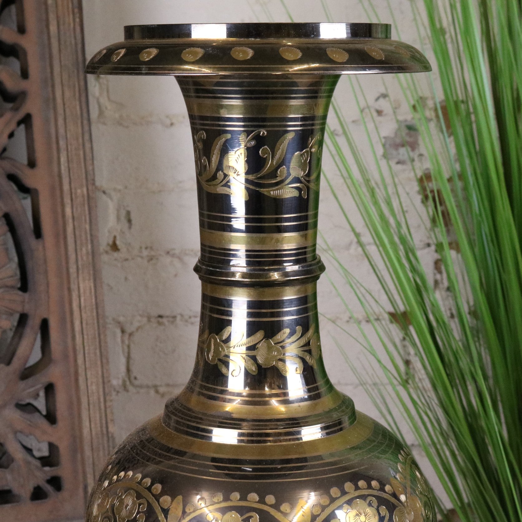 Vintage 90cm Large Brass Vase Hand Etched - Closeup of Top Half