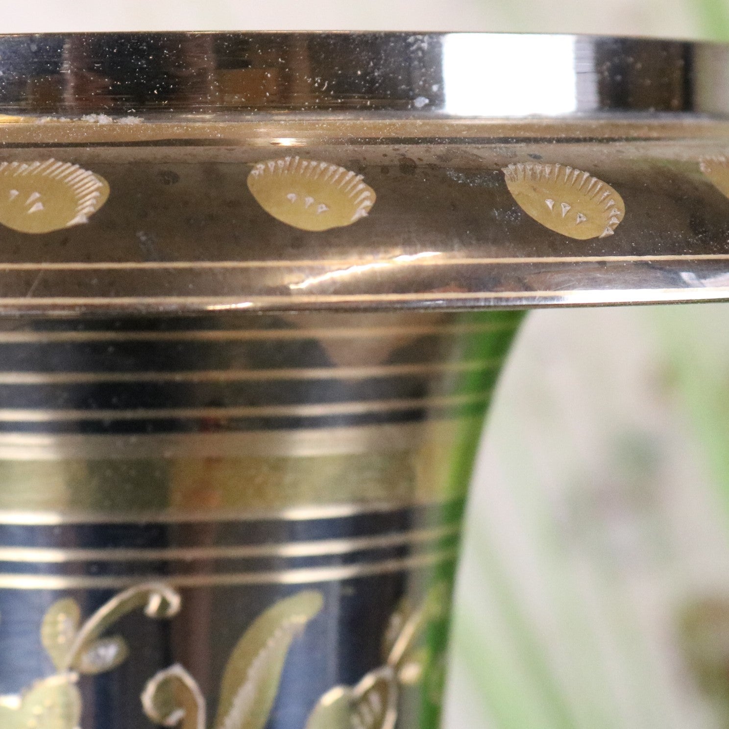Vintage 90cm Large Brass Vase Hand Etched - Closeup of Etching on Rim