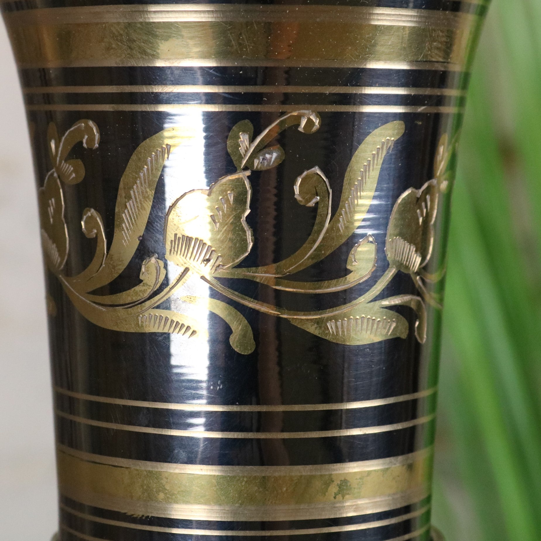 Vintage 90cm Large Brass Vase Hand Etched - Closeup of Etching on Neck
