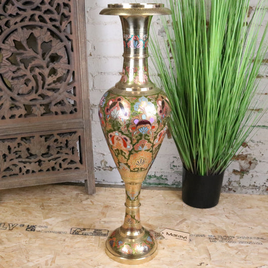 Vintage 92cm Large Brass Vase Hand Painted and Etched - Main Image