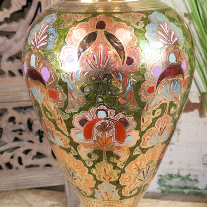Vintage 92cm Large Brass Vase Hand Painted and Etched - Closeup of Middle section 2 
