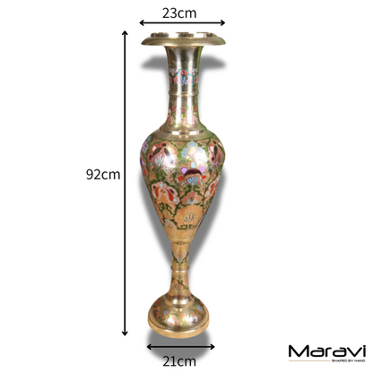 Vintage 92cm Large Brass Vase Hand Painted and Etched - Dimensions