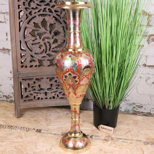 Vintage Brass Vase 92cm Large Hand Painted and Etched - Main Image