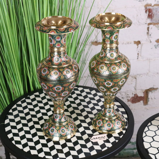 Vintage Brass Vase Pair 38cm Hand Painted and Etched - Front View
