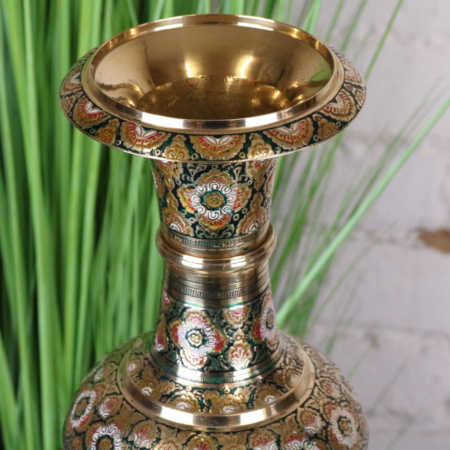 Vintage Brass Vase Pair 45cm Hand Painted and Etched - Green Vase Tp Half