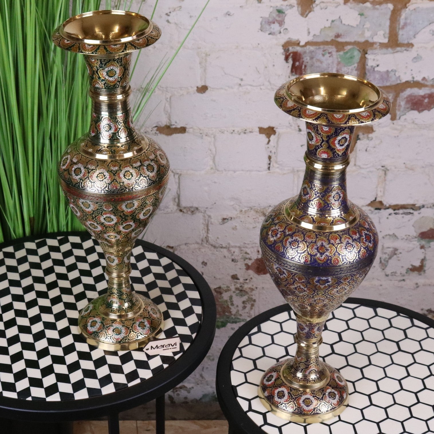 Vintage Brass Vase Pair 45cm Hand Painted and Etched - Main Image