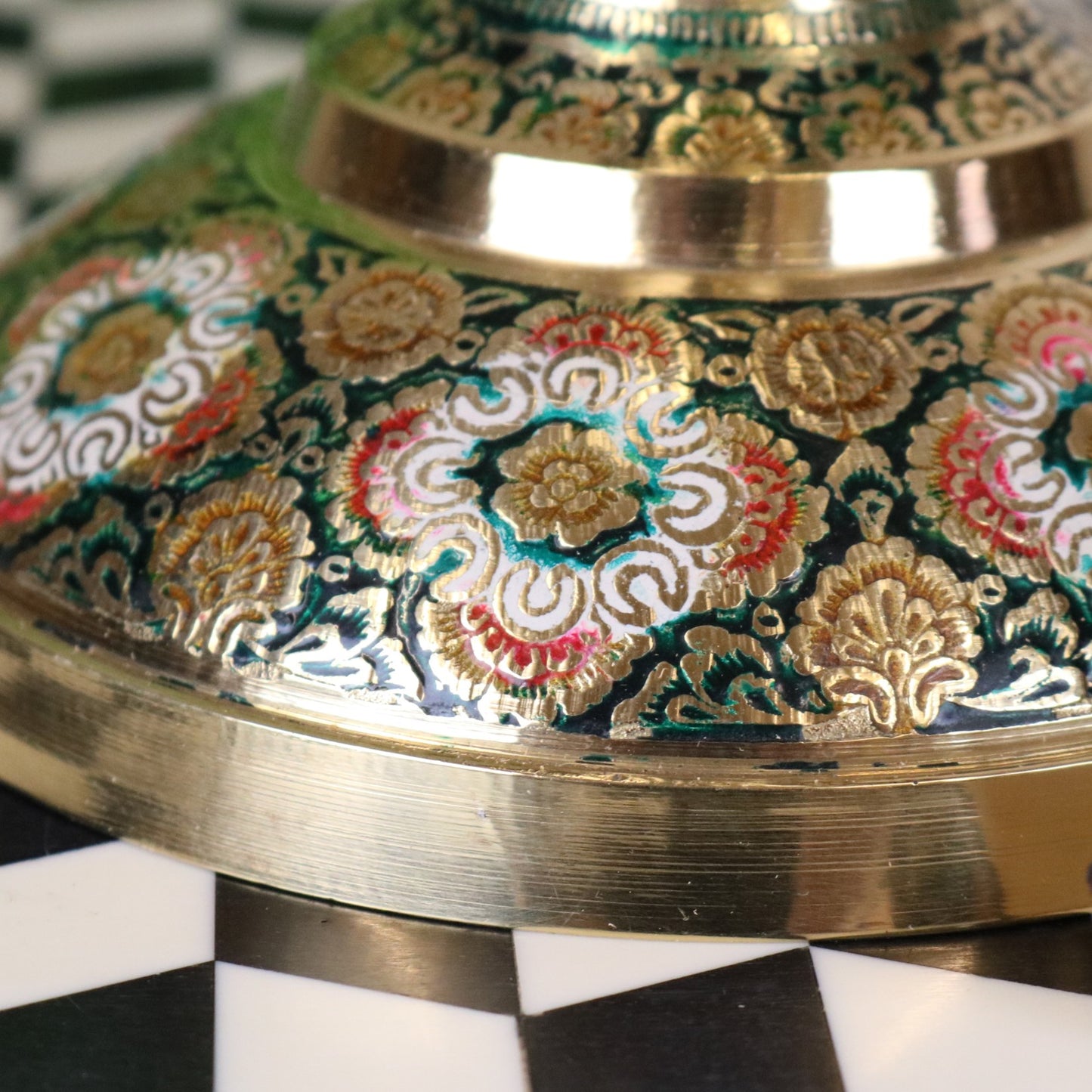 Vintage Brass Vase Pair 45cm Hand Painted and Etched - Green Vase Etching Closeup
